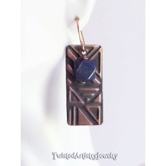 Lapis Lazuli Rectangle Embossed Copper Dangle Earrings One-Of-A-Kind Handmade - Picture 3 of 3